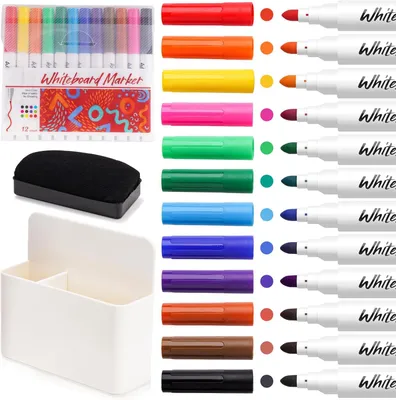 Produktbild von Whiteboard Marker Set mit 12 Farben, trocken abwischbar, inklusive magnetischem Halter, für Schule und Büro