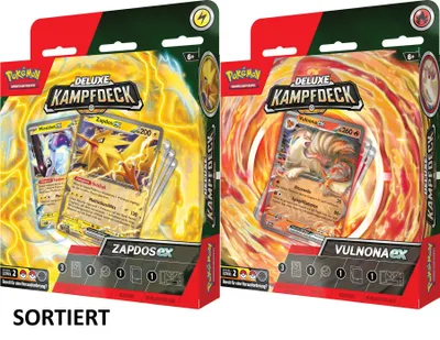 Two Pokemon TCG Deluxe Kampfdeck boxes are displayed side-by-side. The left box features Zapdos EX with a yellow lightning background, and the right box features Ninetales EX with an orange fiery swirl background. The word 'SORTIERT' is visible below the b