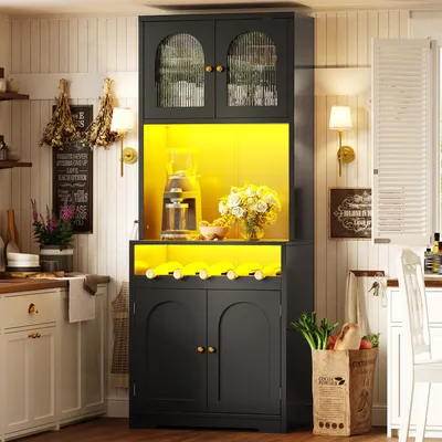 Produktbild von Flieks 180cm Hochschrank mit App-RGB-LED, gewölbte Glastüren, Weinregal, Küchenschränke mit verstellbare Einlegeböden, Sideboard, Schwarz