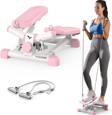Produktbild von merach Mini Stepper, rosa, 2-in-1 Dreh- & Seitenschritttrainer mit LCD-Display (Zeit, Schritte, Kalorien), inkl. Widerstandsseilen, bis 150 kg belastbar, < 20 dB leise, aus Stahl, Maße: 410x347x175 mm, für Beine, Po & Arme, ideal für Anfänger