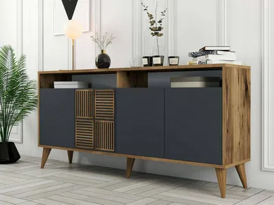 Produktbild von Kommode Dpiccion, Wohnzimmerbuffet, Wohnzimmer-Sideboard, Moderne Küchen-Speisekammer, 160x35h79 cm, Walnuss und Anthrazit