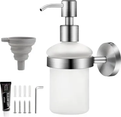 Image de Distributeur de savon mural - distributeur de shampooing en verre autocollant - flacon en verre satiné de 200 ml - boîte de désinfection des mains sans percer - gel douche porte-savon avec support en inox Distributeur de savon mural
