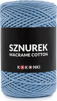 A spool of blue macrame cotton cord with a black label.