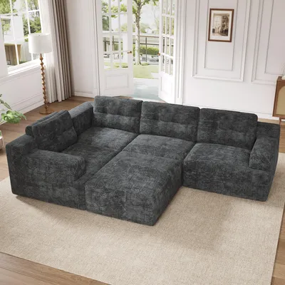 Produktbild von okwish Modulares Sofa mit Armlehnen und Rückenlehne, Wohnzimmersofa flexibel als L‑Form/U‑Form stellbar,Chenille, Ecksofa in Grau