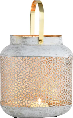 Produktbild von Marrakesch Boho Deko Windlicht Laterne 23cm oval aus Metall in weiß | Teelichthalter als Tischdeko Wohnzimmer Deko | Kerzenhalter Windlichter Ashnou als Balkon Terrasse & Garten Aesthetic Gartendeko