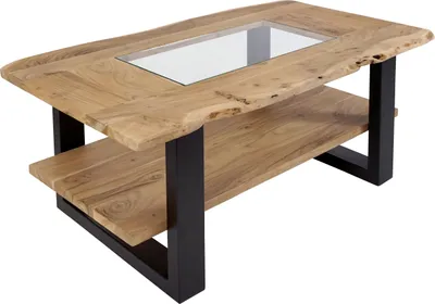 Produktbild von Couchtisch mit Glaseinsatz Baumkante 115 x 65 cm Akazie massiv natur schwarz PATRICK