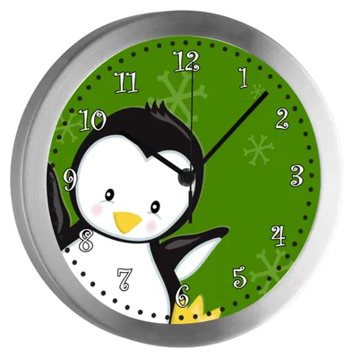 A close-up of a children's wall clock with a penguin design.