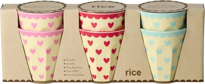 Obrázok produktu pre Rice Melamine 6-piece set of medium mugs – red, turquoise and pink heart print