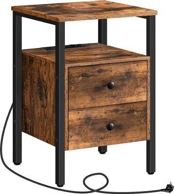 Immagine prodotto di Comodino moderno con stazione di ricarica e 2 cassetti, 40 x 40 x 61 cm, marrone scuro/nero