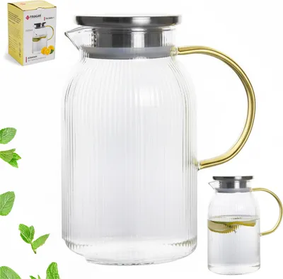 Zdjęcie produktu dla Szklany Dzbanek Zdobiony z Pokrywą i Uchwytem do Herbaty Soków Napojów 1,5L