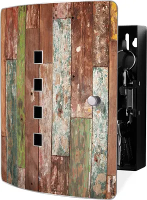 Produktbild von banjado Design Schlüsselkasten aus Edelstahl für 10 Schlüssel, Schlüsselschrank 24 x 21,5 x 7cm groß mit Magnetverschluss, Buntes Holz [BWSK 12140]