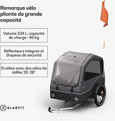 Image de Klarfit Goldie Home remorque de vélo pour chiens, volume 334 L, imperméable, réflecteurs & drapeau de sécurité, capacité de charge 40 kg, pliante, roues de 16 pouces, noire