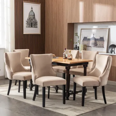 Produktbild von Fortuna Lai 4-Fußstuhl, Stuhl Beige Samt Esszimmerstuhl, mit Knopfsteppung, Gestell aus Massivholz, Beige(Set, 6 St)