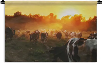 Produktbild von MuchoWow® Wandteppich Wandbehang Kühe - Sonnenuntergang - Wiese - Tiere 150x100 cm Tapisserie Dekoration Wandtuch - Waschbar - Tapisserien - Wand-Decke