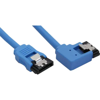 Produktbild von InLine SATA 6Gb/s Anschlusskabel rund, abgew. links, blau, mit Lasche, 0,5m, 0,5 m, Blau, 21 g, 87 mm, 131 mm, 30 mm
