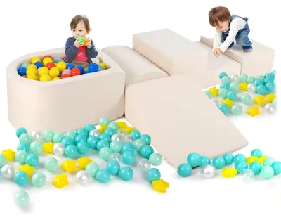 Produktbild von Schaumstoff-Bausteine für Kinder - 5-teiliges Softplay-Set mit Bällebad - Große Kletter- und Spielbausteine - Weicher Plüschbezug - Weiß