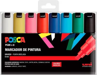 Obrázek produktu pro Popisovač Uniball posca pc-8k/8c nepermanentní se zkoseným hrotem 8,0 mm různé barvy základní -case 8u-.