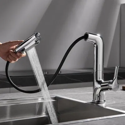 Obrázek produktu pro Nerezová kuchyňská baterie, otočná o 360°, výsuvná, 3 druhy proudu, ve tvaru L, chrom