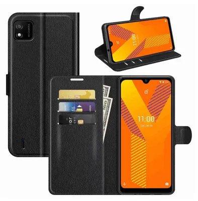 A collage of images showing a black flip phone case with card slots and a phone inside.