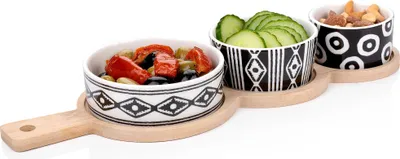 Produktbild von Tapas-Set, 4 Teile, Servier-Set mit 3 verschiedenen Keramik-Schalen, schwarz-weiß gemustert, spülmaschinenfest und Mikrowelle geeignet plus Bambus-Tablett