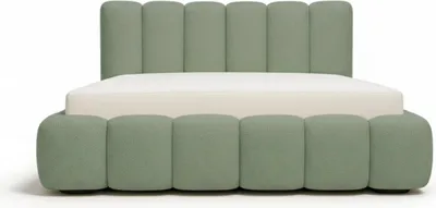 A green upholstered bed with a white mattress, shown from the front on a white background.
