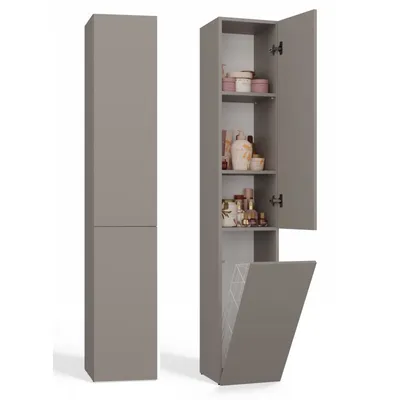 A tall, narrow cabinet with its door open, revealing shelves with various bottles and containers. Another identical cabinet is shown closed next to it.