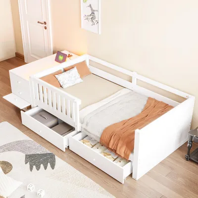 Produktbild von okwish Tagesbett 90×200 mit Schreibtischfunktion und Doppelschubladen,Kinderbett mit LED und Steckdose,Einzelbett in Weiß,ohne Matratze