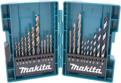 A set of drill bits in a teal plastic case, opened to reveal the bits arranged in two rows.