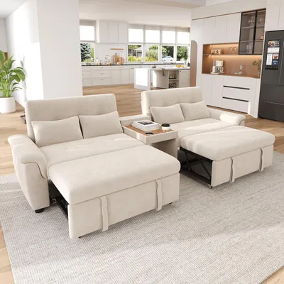 Produktbild von MODFU Ausziehbar Schlafsofa,Relaxsofa mit verstellbare Rückenlehne,4-Sitzer-Sofa mit 4 Kissen,Beistelltisch mit 2 Becherhaltern und Haustierbereich,Chenille, Beige