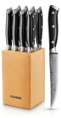 8-teiliges Steakmesser-Set mit Messerblock, Damastmuster
