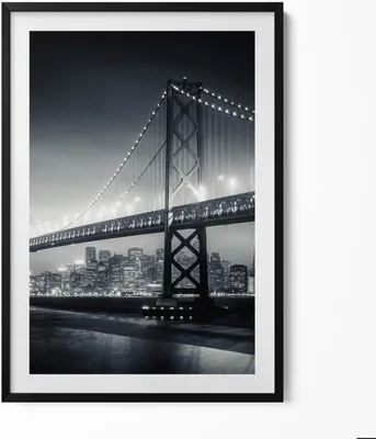 Produktbild von San Francisco Bridge bei Nacht– Wandbild mit Rahmen – Gerahmtes Bild  – Wanddekoration – 70x100 cm –  Schwarz Rahmen