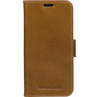 A brown leather flip case for a smartphone, shown closed and standing upright.