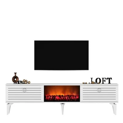 A white TV stand with an electric fireplace and a black television mounted above it.