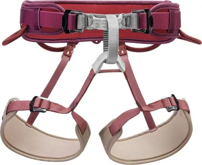 Verstellbarer Petzl Corax Klettergurt in Rot- und Beigetönen mit gepolsterten Beinschlaufen und schwarzen Schnallen