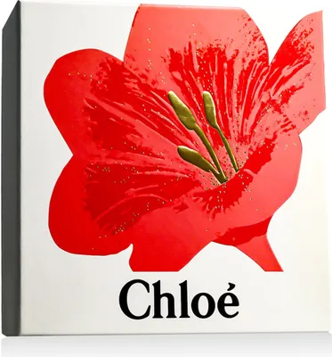 A close-up of a red flower with gold stamens on a white background, with the brand name 'Chloé' printed below.