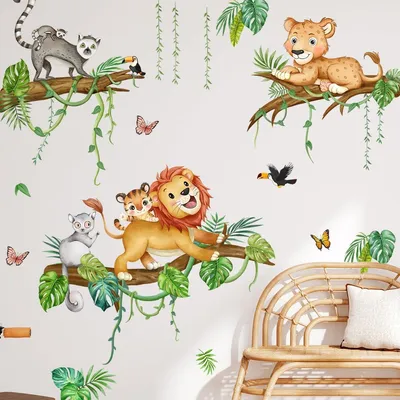 Produktbild von Wandsticker Safari Tiere, Vinyl, Tropische Palmblätter, für Kinderzimmer