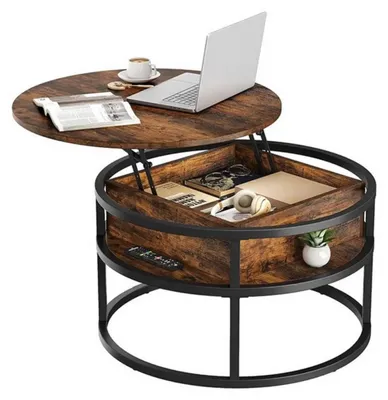 Image de Table basse ronde avec plateau rabattable et espace de rangement dissimulé