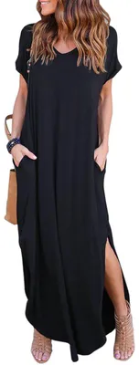 Productafbeelding van HUSKARY Dames zomerjurk, casual, met losse zakken, lange jurk, korte mouwen