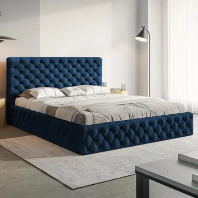 Produktbild von MOTIVENA Dalia Chesterfield Polsterbett 180x200 mit Bettkasten, Metall Lattenrost, Bett 180x200 Blau Samt (Kronos 09)