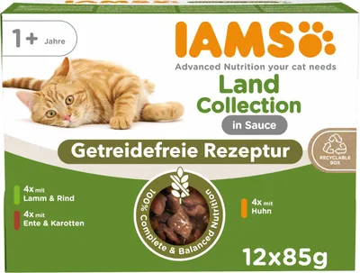 Imagen del producto de IAMS Delights, alimento húmedo para gatos, sin cereales, multipack, 12 unidades de 85g
