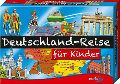 The image shows the front of a board game box titled 'Deutschland - Reise für Kinder'. The box art features illustrations of German landmarks, historical figures, and modes of transportation, along with a map of Germany.