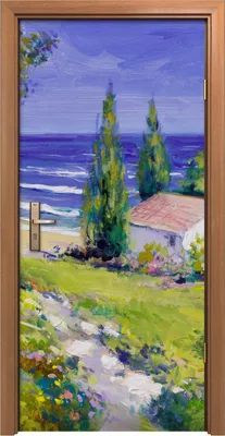 Produktbild von Türposter 90x200 cm Türaufkleber Türtapete Türfolie Klebefolie Ozean Haus Meer Landschaft grün Weg