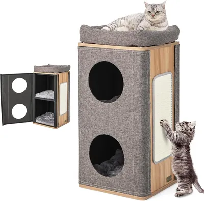 Produktbild von COSTWAY 3-stöckige Katzenhöhle Katzentonne, Katzenhaus mit Kratzbrett & 3 Matten, Spieltonne für Katzen bis 20 kg, Katzenkratzbaum mit Höhlen, Katzenturm Kratzbaum Katzenmöbel, Grau, Natur