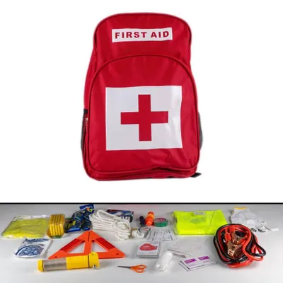 Image de Kit de sécurité automobile complet 22 en 1 : sac à dos, trousse de premiers secours, aide routière, câbles de démarrage, outils, gilet de sécurité