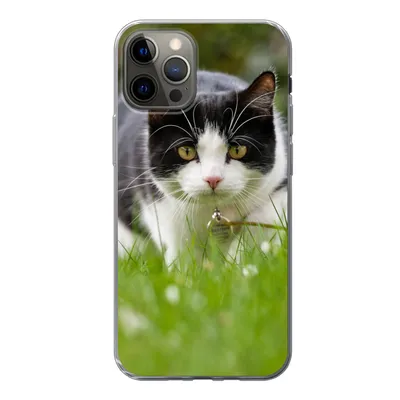 Produktbild von MuchoWow® Handyhülle Schutzhülle Hülle für iPhone 12 Pro Katze - Gras - Schwarz - Weiß - Mädchen - Kinder - Jungen - Kinder Silikon Softcase Handy Hülle - Abdeckung