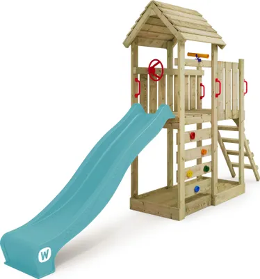 Immagine prodotto di Torre giochi Wickey JoyFlyer con scivolo e parete da arrampicata in blu turchese