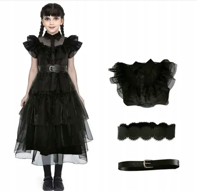 Obrázok produktu pre Korbi | Halloween kostým - Wednesday Addams - Veľkosť 150 - Tylové šaty - Ideálne na detské oslavy