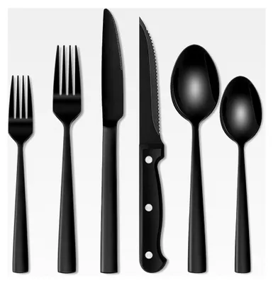 Produktbild von 36-teiliges Edelstahl-Besteckset mit Steakmessern in Schwarz, Besteckset für 6 Personen, elegantes Essbesteckset mit Messern, Gabeln und Löffeln, Tafelbesteck für Zuhause, Partys und Restaurants, spülmaschinenfest