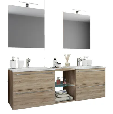 Image de 3 pces Set | 2 lavabo, 2 miroirs, 2 lavabos, 1 compartiment central | Lavabo en céramique | Armoire inférieure 155 cm | Ensemble de meubles de salle de bain Double lavabo - Badinos XXL