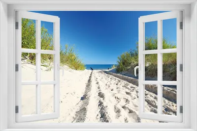 Produktbild von Wallario Poster mit Fenster-Illusion: Auf dem Sandweg zum Strand - Blauer Himmel über dem Meer, Größe: 61 x 91,5 cm (Maxiposter)